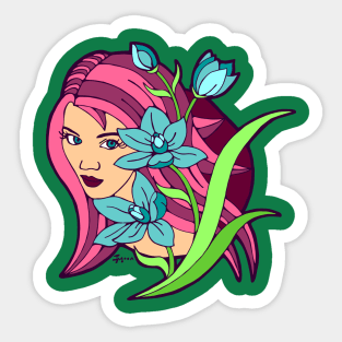 Pink Haired Girl and Blue Lilies Sticker